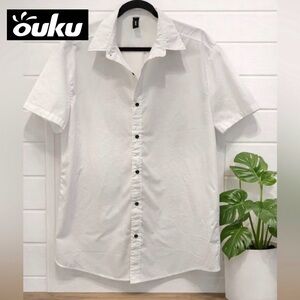 🩵👉 Ouku Men’s White Button Down Shirt | Short Sleeve Casual Dress Shirt